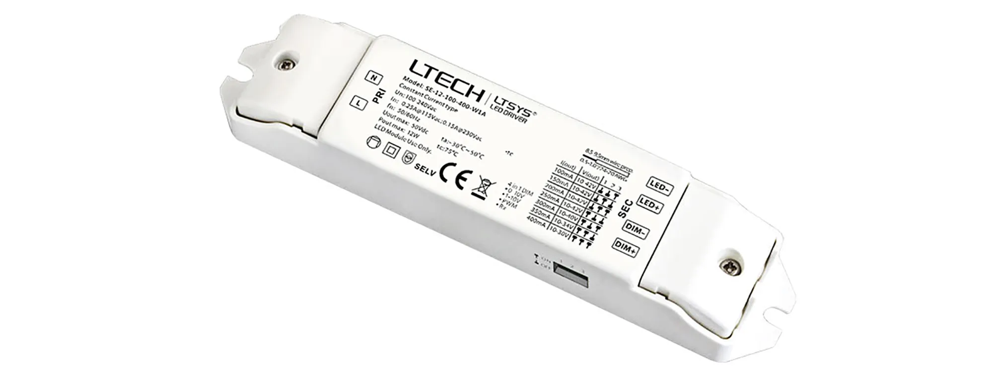 SE-12-100-400-W1A  0-10V/1-10V/10V PWM/RX; 0-100% Dim; ConstantVoltage 12W 10-42Vdc; 100-400mA; 100-240Vac; IP20.